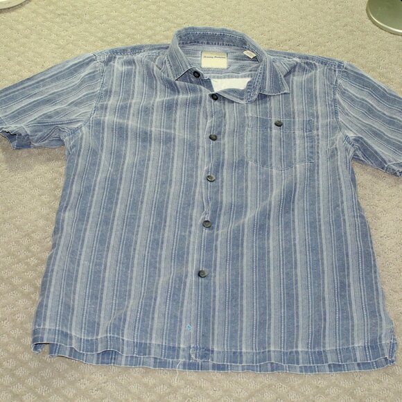 Vintage 90s Tommy Bahama Men's Size L 100% Silk Blue Striped Casual Button Down - Picture 1 of 5